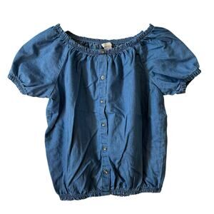 Forever 21 Girls Chambray Puff Sleeve Top Blue Cottagecore Prairie Y2k Western